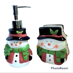 Snowman Ceramic Hand Painted Soap Lotion Dispenser Napkin Letter Holder Set